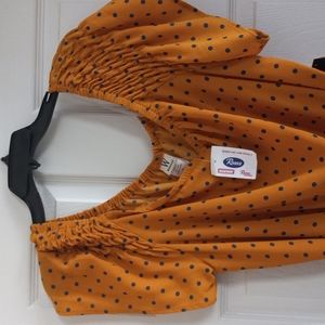 Women cool belted dress, scoop neck.mustard gold with blue poko dots.